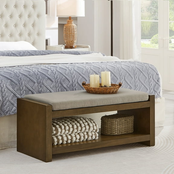 40" End of Bed Bench with Lower Shelf Shoe Rack,Modern Linen Upholstered Entryway Bench with Removable Cushion and Solid Wood Frame,Storage Benches for Bedroom,Living Room,Entryway,Hallway,Linen