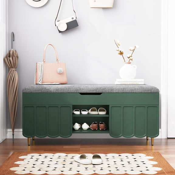 JOEMEY 40 inch Entryway Shoe Bench with Cushion and Hidden Storage Space, Green