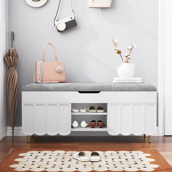 JOEMEY 40 inch Entryway Storage Bench with Cushion & Hidden Storage, White