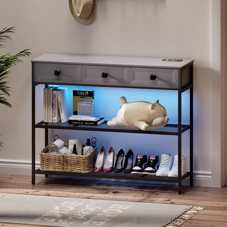 40" Entryway Table with Storage & Wireless Charging Station, Narrow Console Table with 3 Drawers and 3 Tier Open Shelves, Behind Sofa Couch Table with RGB LED Litghts for Hallway, Gray