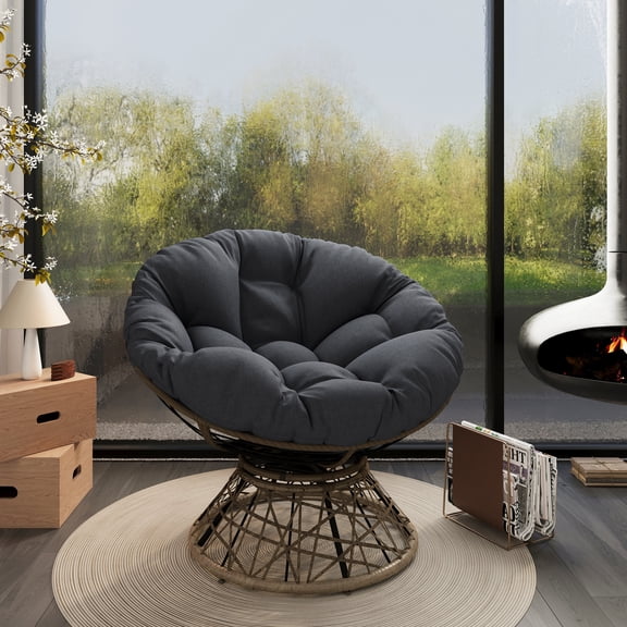 40" Ergonomic Wicker Chair with Cloud Thick Density Fabric Cushion,3-proof Cover,High Capacity Iron Frame,Fluid 360 Degree Swivel for Reading,Living Room, Bedroom,Lounge,Brown Base,Black