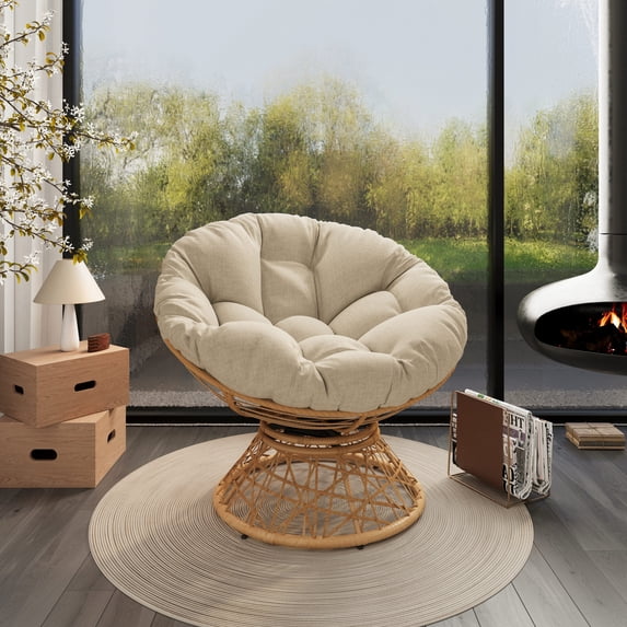 40" Ergonomic Wicker Papasan Chair with Soft Thick Density Fabric Cushion, 3-proof Cover, High Capacity Iron Frame, 360 Degree Swivel for Living, Bedroom, Reading Room, Lounge, Beige