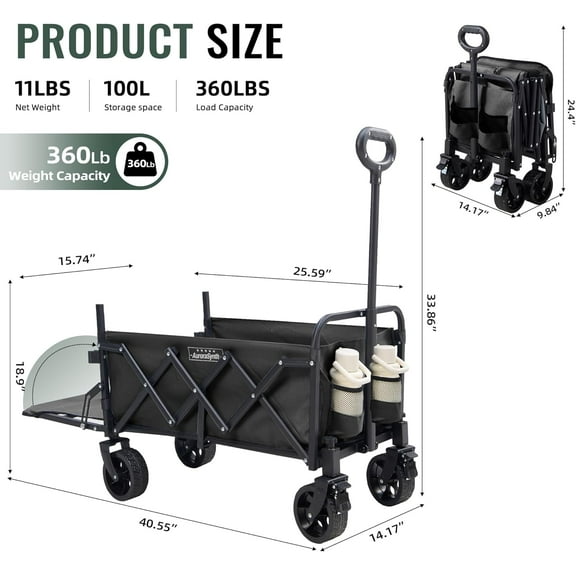 40'' Extra Long Collapsible Wagons Carts Foldable, 360LBS Foldable Wagon Cart with Wheels, Heavy Duty Portable Utility Wagon for Grocery, Shopping, Sports Garden & Camping - Black