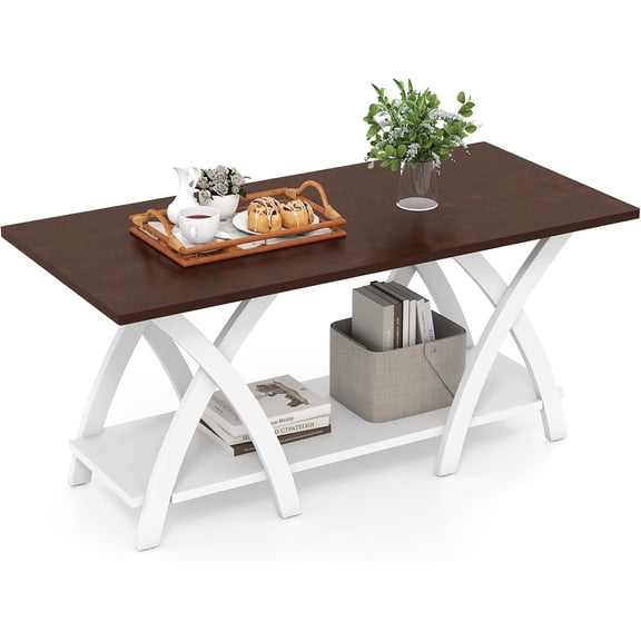 40" Farmhouse Coffee Table with Storage Shelf & X-Shaped Legs, 2-Tier Rectangular Wood Center Table