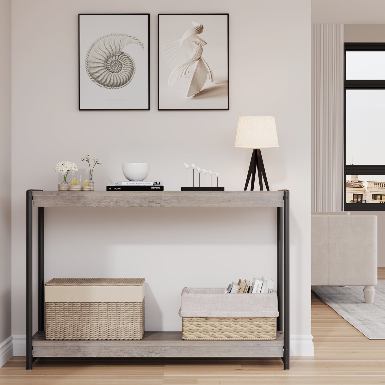 40" Farmhouse Console Table, Entryway Table with Storage, Slatted Style 2-Tier Sofa Table with Open Shelf, Console Tables for Entryway, Living Room, Hallway, Foyer