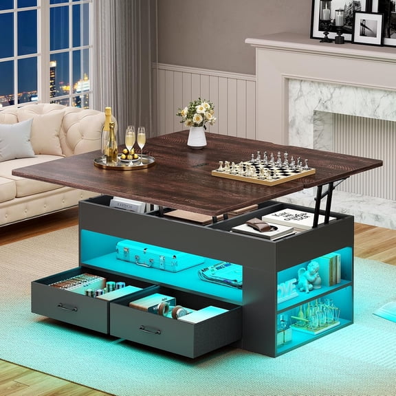 40" Farmhouse Lift Top Coffee Table, 4 in 1 Multifunction Lift Coffee Tables with 2 Drawers, Open Shelves and Hidden Compartment, Center Table with Wooden Tabletop for Living Room, Black & Brown Top