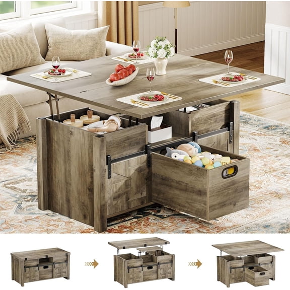 40" Farmhouse Lift Top Coffee Table with Sliding Barn Door,4 in 1 Multi-Function Coffee Tables with Storage Drawers & Hidden Compartment,Converts to Dining Table for Living Room,Grey