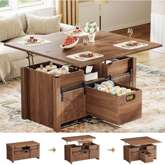 40" Farmhouse Lift Top Coffee Table with Sliding Barn Door,4 in 1 Multi-Function Coffee Tables with Storage Drawers & Hidden Compartment,Converts to Dining Table for Living Room,Walnut