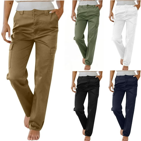 Up to 40% off Fashion! ZHUGeLI Linen Pants Women Wide Leg Solid Casual Lightweight Work Pants Mid Rise Relaxed Straight Leg Cargo Trousers with Multi Pockets Summer Pants for Women