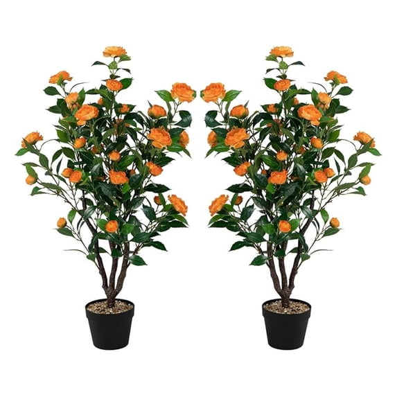 40’’ Faux Camellia Trees Set of 2, in Cement-Filled Pot w/ 37 Flowers, 3 Trunks, Fake Trees for Indoor Outdoor Home Office Living Room Porch Decoration