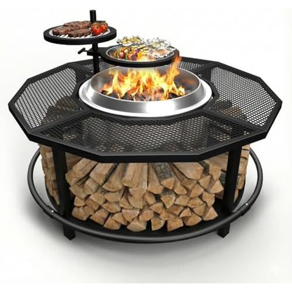 40'' Fire Pit Surround Tabletop for Solo Stove Bonfire 1.0&2.0 and Ranger 1.0&2.0,21 inch Inner Diameter,Surround Table with 2 Grill Grates,with Firewood Storage Shelf Expands Large Space