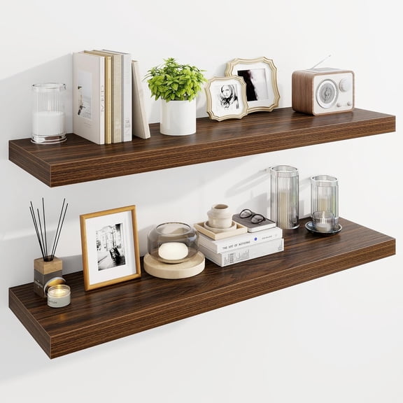 40" Floating Shelves for Wall, Wooden Shelves with Invisible Brackets Set of 2, Rustic Farmhouse Wall Mounted Shelf for Kitchen Bathroom Living Room Study, Walnut