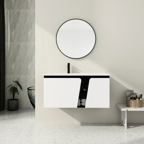 40'' Floating Wall-Mounted Vanity for Bathroom | Smooth Soft-Close Doors, Ideal for Bathroom | Ceramic Sink with Well-Done Workmanship, Melamine Surface Plywood | Easy to Maintain and Durable
