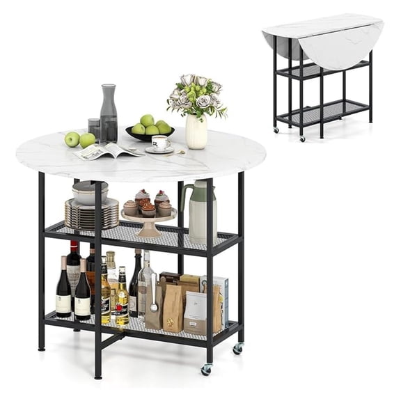 40" Folding Dining Table with Lockable Wheels, Storage Shelves, Space-Saving Drop Leaf, Movable & Expandable Round Kitchen Table for Dinette Small Place Apartment Living Room (White)