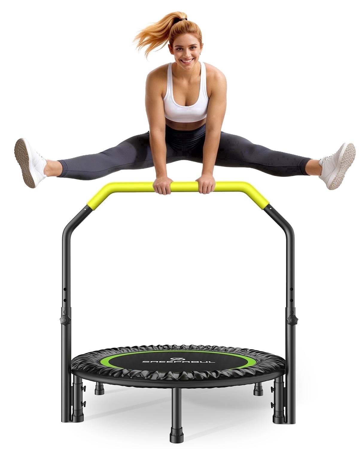 SAEEPABUL 40Inch Mini Fitness Rebounder Trampoline with Adjustable Handle, Indoor Exercise Workout Trampoline for Adults, Max Load 330lbs, Green