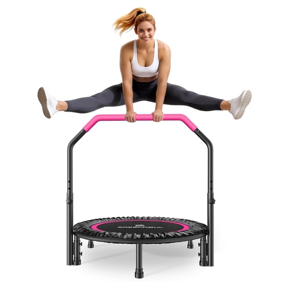 SAEEPABUL 40 Inch Mini Fitness Rebounder Trampoline with Adjustable Handle, Indoor Exercise Workout Trampoline for Adults, Max Load 330lbs Pink