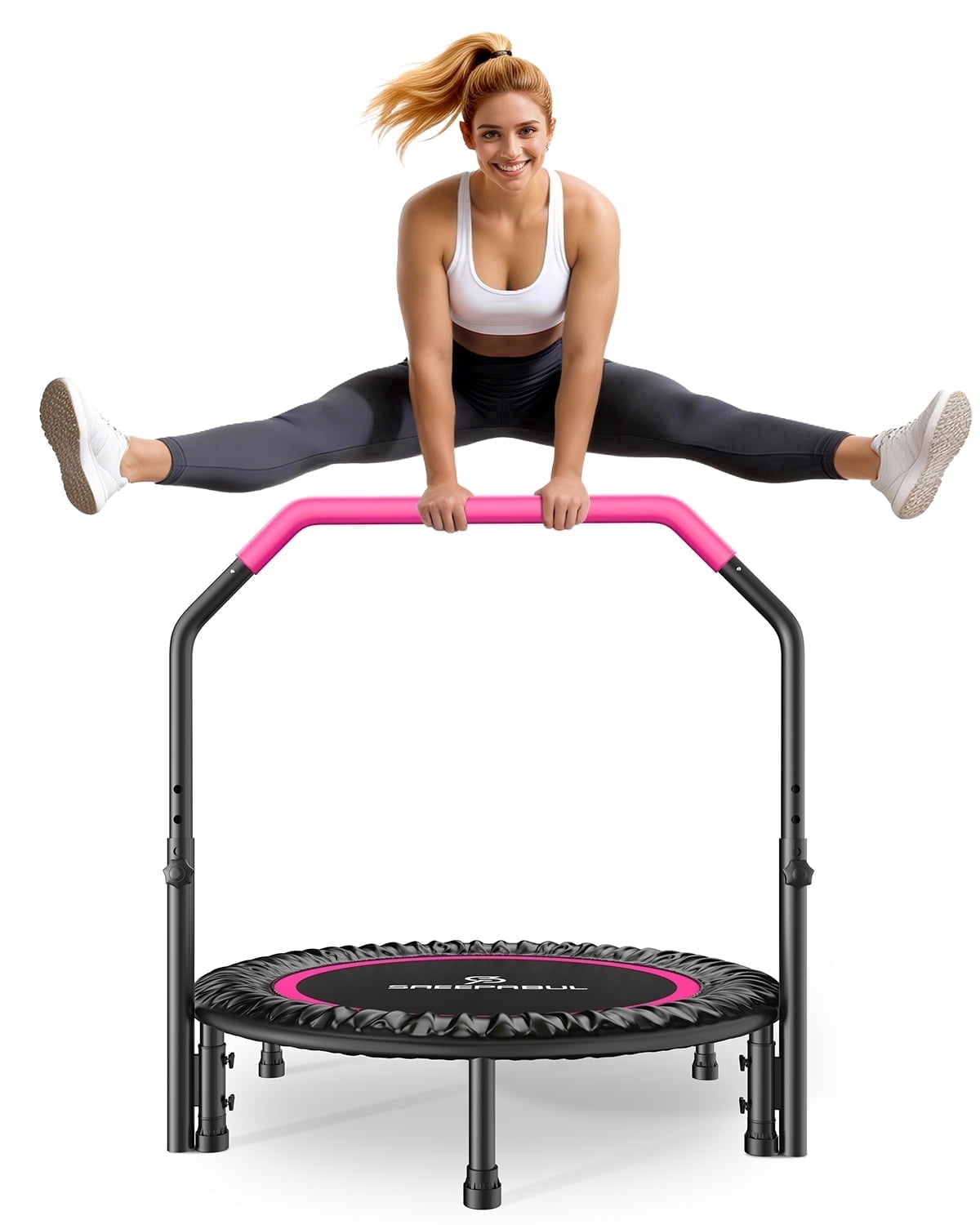SAEEPABUL 40 Inch Mini Fitness Rebounder Trampoline with Adjustable Handle, Indoor Exercise Workout Trampoline for Adults, Max Load 330lbs Pink