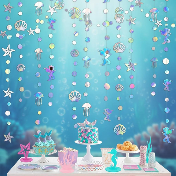 40 Foot Long Iridescent Mermaid Garland with Jellyfish Seashells Starfish Pearls Holographic Streamers for Under The Sea Birthday Party Baby Shower Bachelorette Rainbow Theme Decorations