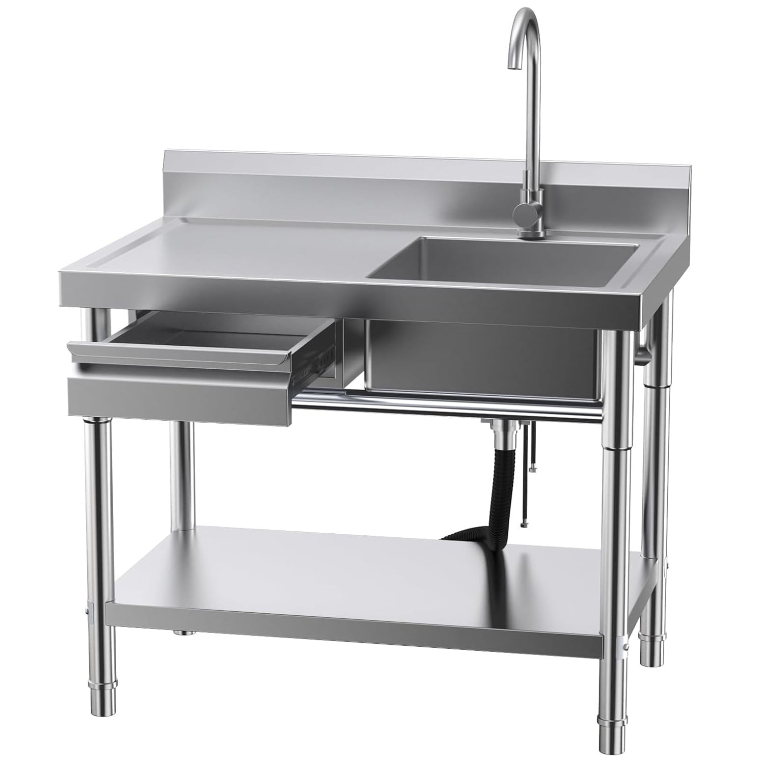 40'' Free Standing Single Bowl Sink,  Stainless Steel Utility Sink, Commercial Kitchen Sink with Drawer & Cold and Hot Water Pipe for Kitchen Laundry Room Farmhouse Indoor and Outdoor