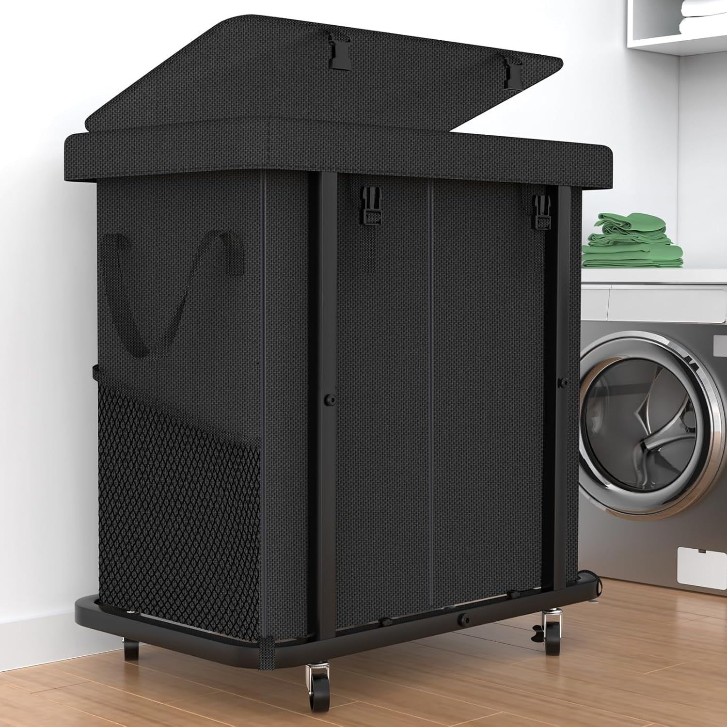40 Gal(150L) High Grade Large Laundry Basket with Wheels, Rolling Laundry Hamper, Laundry Cart with Metal Frame and Removable Bag Design, Suitable for Laundry Room (Black, 150L)
