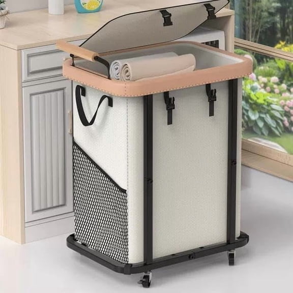 150L (40 Gal) High-Grade Fashion Laundry Basket with Wheels, Leather Patchwork Large Laundry Basket with Handles, 900D Oxford Fabric, Detachable Laundry Hamper for Bedroom, Bathroom, Laundry Room
