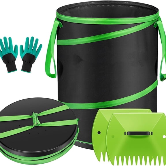 40-Gallon Collapsible Garden Bag, Yard Waste Bin with Hard-Shell Bottom, Leaf Scoops and Gloves, Collapsible Yard Waste Containers for Lawn Care and Camping