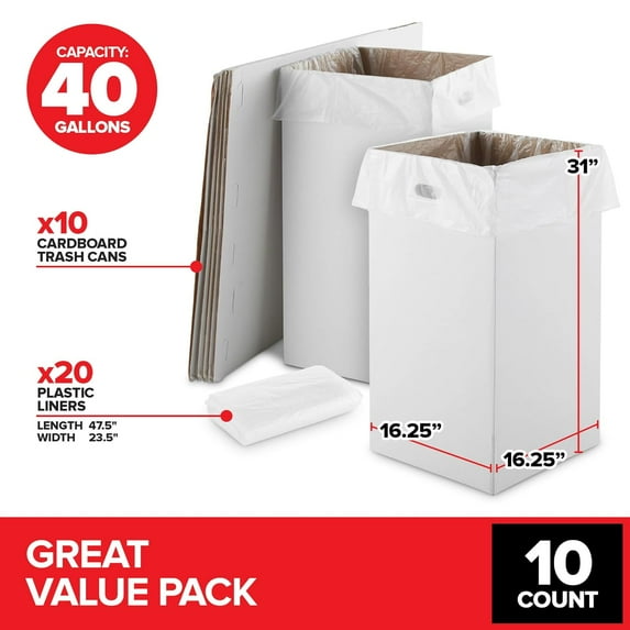 40 Gallon Disposable Cardboard Trash Cans for Events (10 Count) with Liners