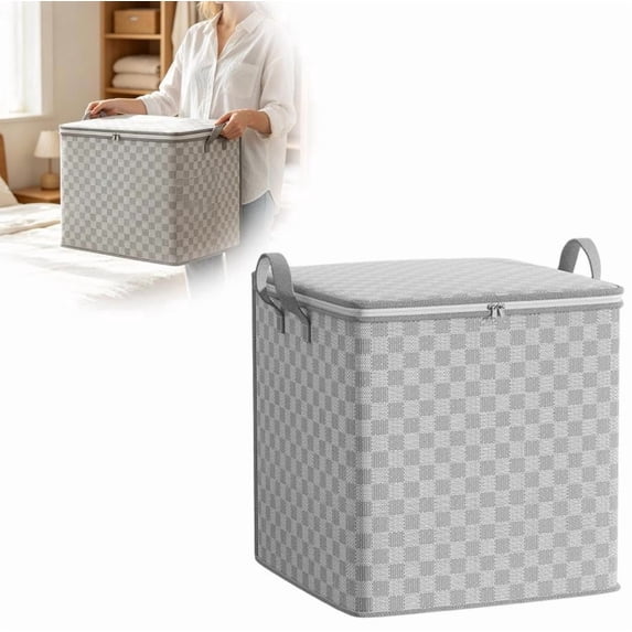 40 Gallon Extra Large Grey Checkered Storage Box Foldable Fabric Bin Reinforced Handles for Seasonal Clothing Bedding