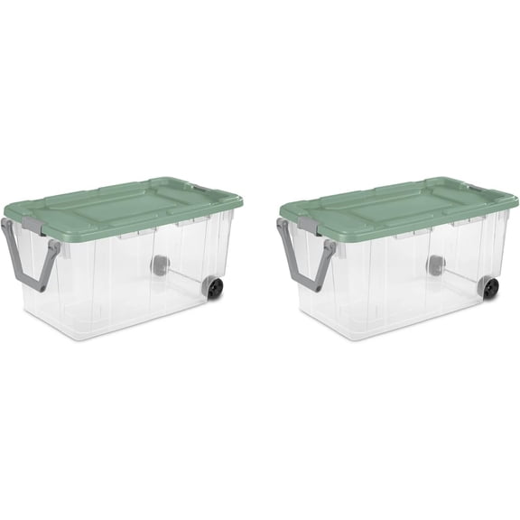 40 Gallon Plastic Rolling Stacker Storage Box with Wheels, Industrial Tote 160 Qt, Tough Lidded Stackable Storage Container, Clear Base & Green Sage Lid 2-PACK
