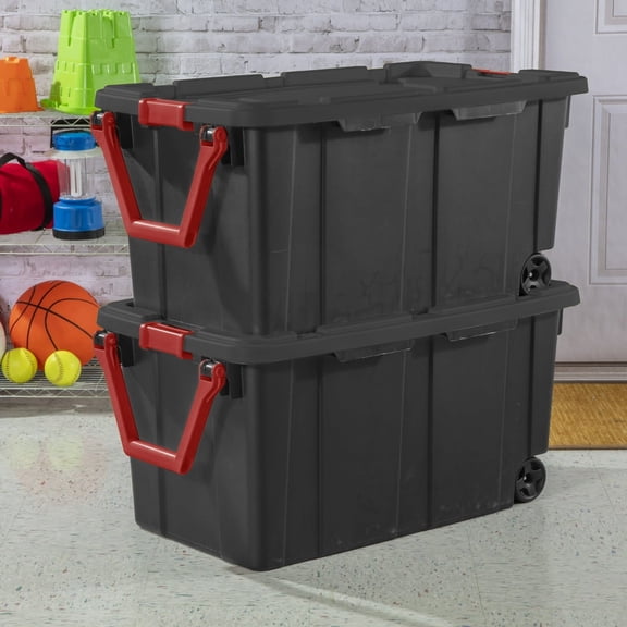 40 Gallon Wheeled Plastic Storage Container (2 Pack) Black Industrial Grade with Ergonomic Handle Ships to US