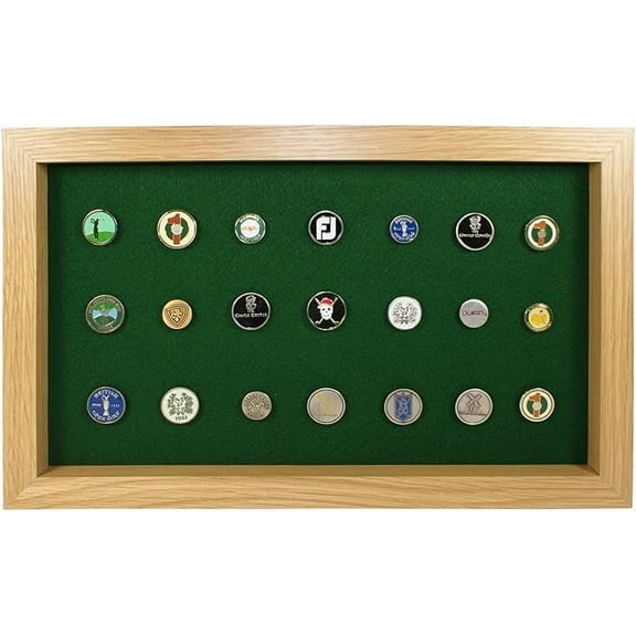 Eureka Golf Products Golf Ball Marker Display Case | Holds 40 Pegged or Non Pegged (Flat) Ball Markers | Oak Finish | Wall Mounted Wooden Case | Measures 15.5"W X 9.5"H