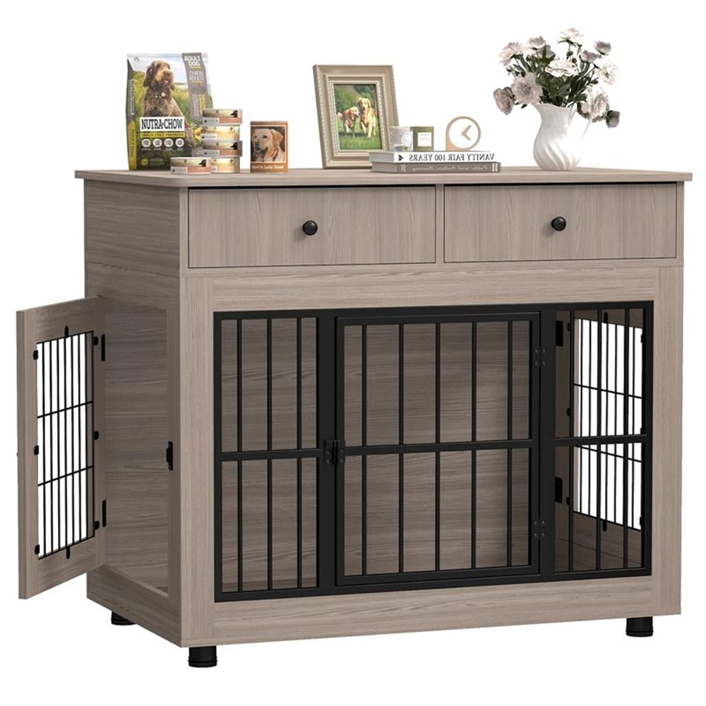 40" Gray Dog Crate Furniture in Engineered Wood with 3 Doors and Drawers