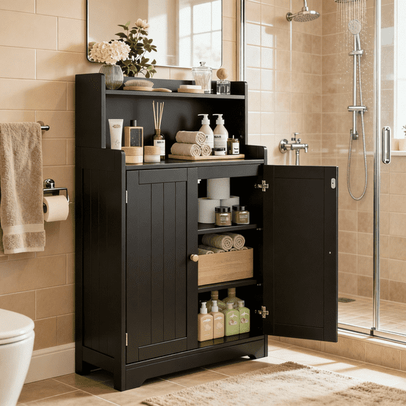 40" H Bathroom Storage Cabinet, Freestanding Wood Storage Cabinet with 2 Doors & Adjustable Shelves, Perfect for Bathroom, Kitchen, Living Room, Black