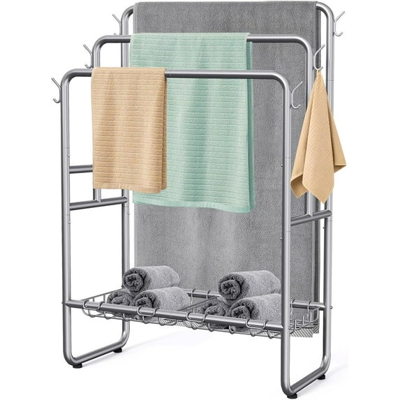 40" H Free Standing Towel Rack with 2 Storage Baskets & 6 Hooks, 3 Tier Silver Metal Towel Stand for Extra Large Towel, Modern Industrial Blanket Ladder Display and Drying Rack for Bedroom Bathroom