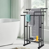 40" H Free Standing Towel Rack, 3 Tier Alloy Steel Stand with Basket, Blanket Drying and Display Rack for Oversized Bath Towels Bathroom Accessories, Next to Tub or Shower