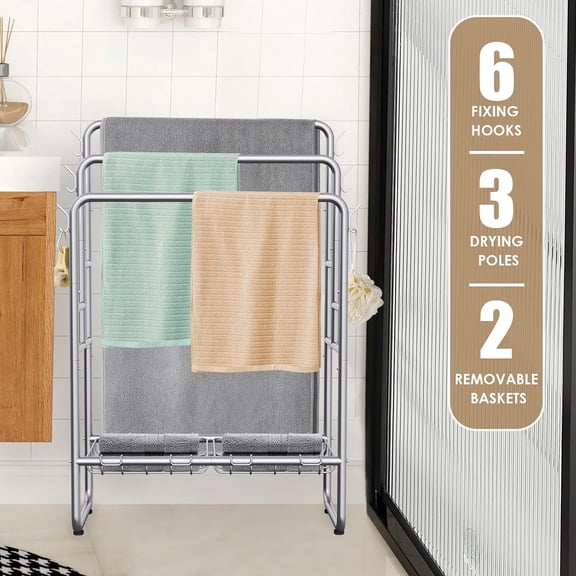 "40"" H Free Standing Towel Rack with 2 Storage Baskets & 6 Hooks, 3 Tier Silver Metal Towel Stand for Extra Large Towel,