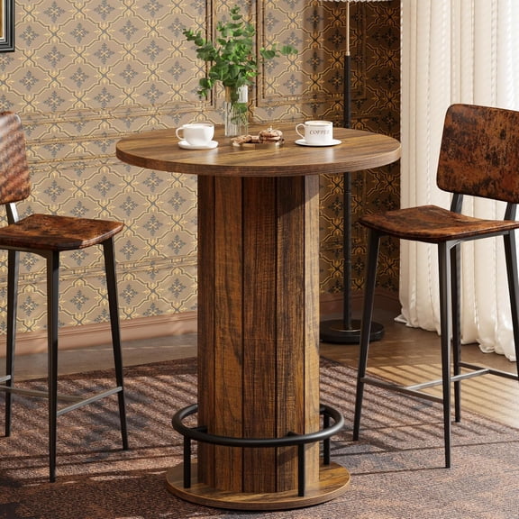 40" H Round Bar Table – Wood Bistro Pub Table with Metal Ring Footrest – Tall Cocktail Table for Living Room, Dining Room, Small Space (Table Only)