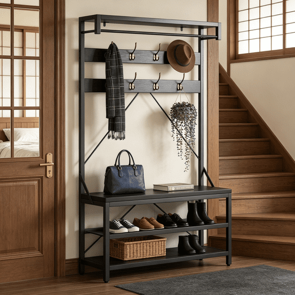 40" Hall Tree with Bench and Shoe Storage, Industrial Coat Rack Shoe Bench with Storage Shelf, Hanging Bar & 8 Hooks, Storage Rack Shoe Tree for Entryway, Mudroom, Black