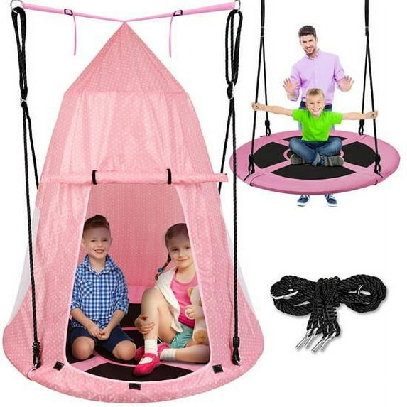 SereneLife 40" Hanging Tree Play Tent Hangout for Kids Indoor Outdoor Flying Saucer Floating Platform Swing Treepod,Includes Hammock