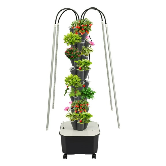 40-Hole Vertical Hydroponic Growing Tower, Grey PP Recirculating Water Culture System with LED Grow Light for Balcony Garden Vegetable Herb