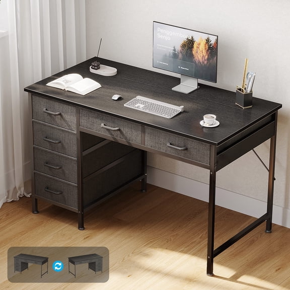 Casacomoda 40" Home Office Desk with 6 Drawers, Modern Computer Desk with Small Space, Corner Computer Desk, Black