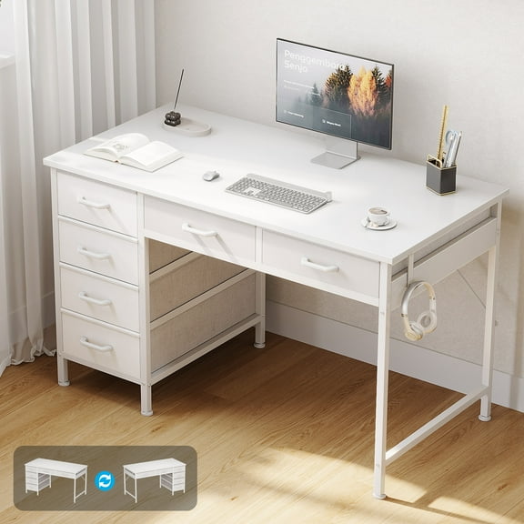 Sofanext 40" Home Office Desk with 6 Drawers, Modern Computer Desk with Small Space, Corner Computer Desk, Pure White
