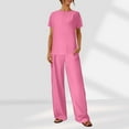 thumbnail image 1 of Horkkom Linen Sets for Women 2 Piece Summer Travel Vacation Outfits Two Piece Sets Crew Neck Short Sleeve Shirts Elastic Waist Long Pants 2 Piece Sets Pink S, 1 of 5
