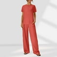 thumbnail image 1 of Horkkom Two Piece Sets for Women Summer Travel Vacation Outfits Linen Sets Crew Neck Short Sleeve Shirts Elastic Waist Long Pants 2 Piece Sets Red S, 1 of 5