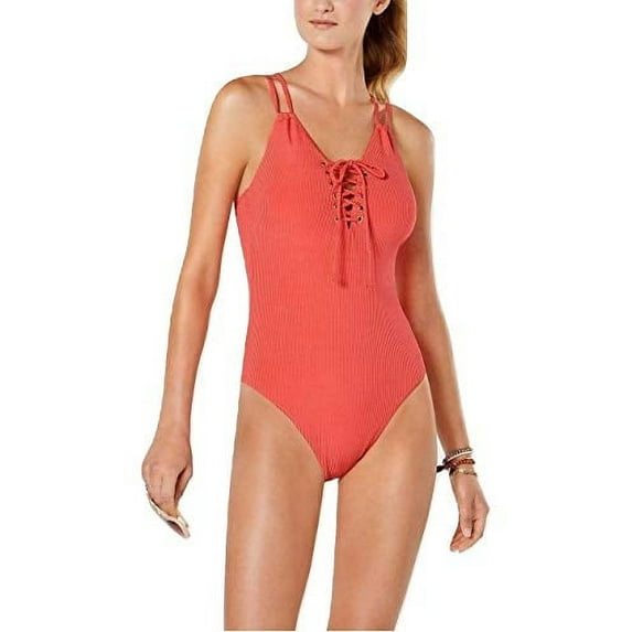 $40 Hula Honey Juniors' Shimmer Rib Lace-up One-Piece Swimsuit Red Size Large
