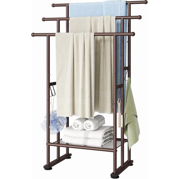 3-Tier Freestanding Towel Rack with Shelf, 40-Inch Tall Floor Standing Drying Rack for Pool, Bathroom, and Outdoor Use, Bronze Metal Finish