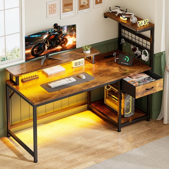 40-Inch or 48-Inch Corner Desk with Integrated LED Lighting and Built-in Power Outlets, Featuring Drawers and Storage Shelves for Home Office, Gaming, or Study Use in Living Room or Den