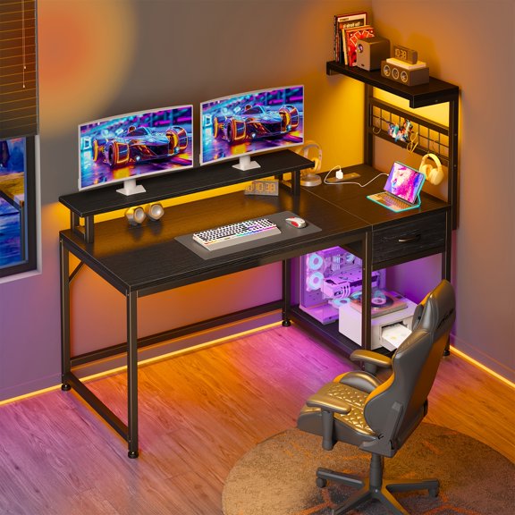 40-Inch or 48-Inch Corner Desk with Integrated LED Lighting and Built-in Power Outlets, Featuring Drawers and Storage Shelves for Home Office, Gaming, or Study Use in Living Room or Den
