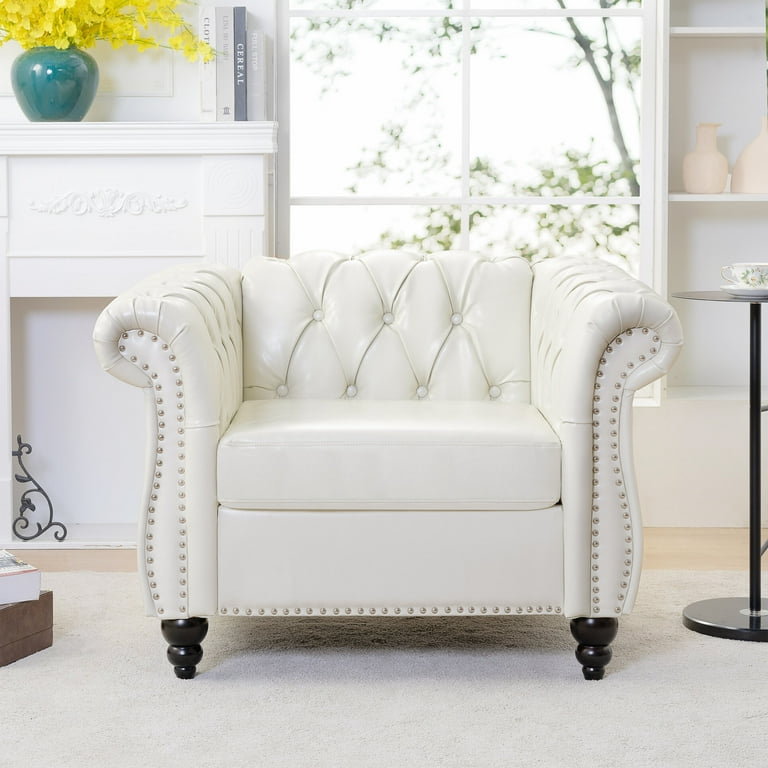 40 Inch Accent Single Sofa Chair with Rolled Arms Modern PU Leather Upholstered Sofa with Solid Wood Legs Leisure Sofa Couch for Bedroom Living
