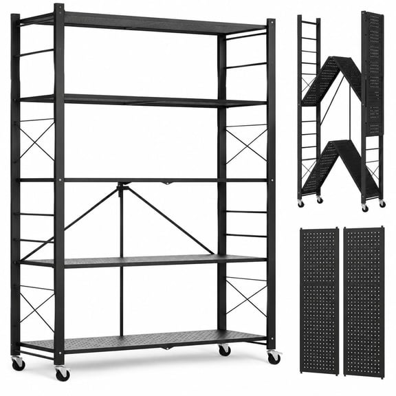 40-Inch Adjustable 5-Tier Foldable Metal Storage Shelves on Wheels, Heavy Duty Rolling Organizer with Removable Racks for Kitchen, Garage, Closet, Pantry, Office (Black, 1 Pack)